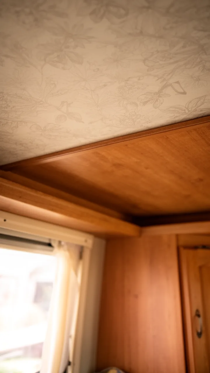 Peel-and-stick botanical wallpaper on a camper ceiling for a bold cozy statement