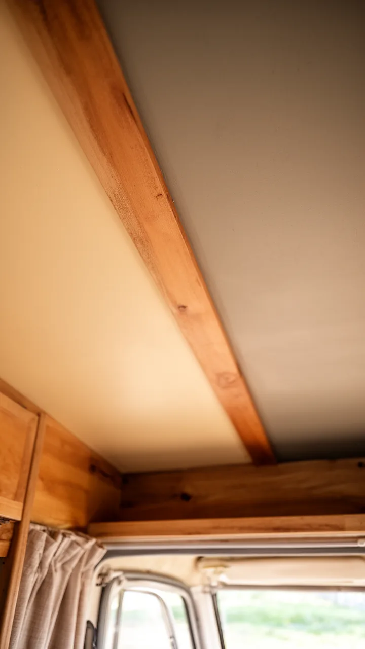 Two-tone camper ceiling in warm cream and greige divided by a wood beam for added depth