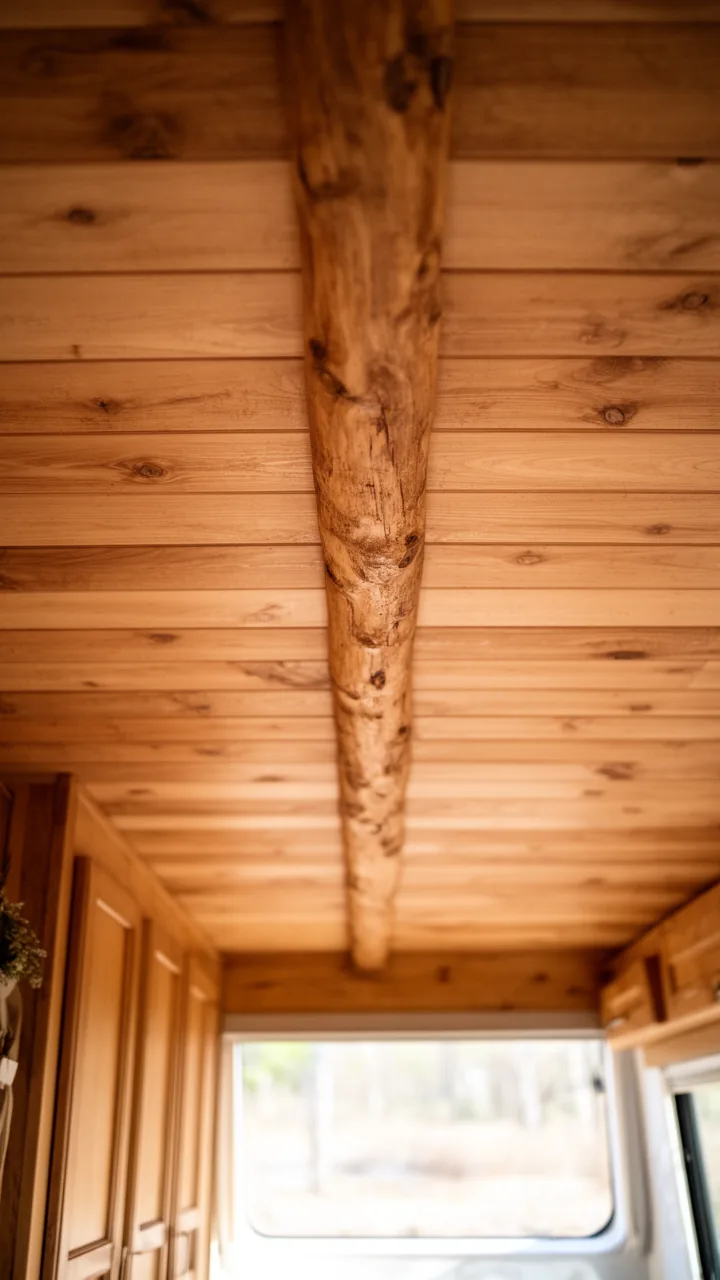 Single faux wood beam running down a camper ceiling center for a rustic cabin touch