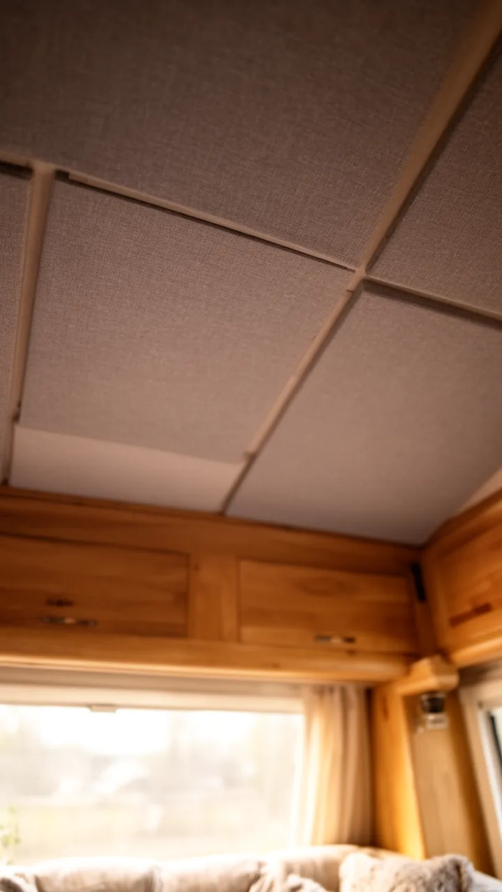 Soft warm-gray fabric acoustic panels on a camper ceiling for quieter calmer travel