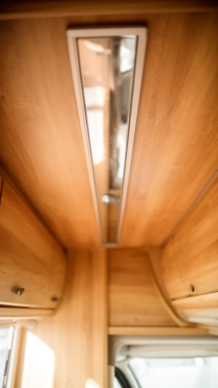 Slim reflective ceiling panel bouncing light to make a camper nook feel taller and brighter