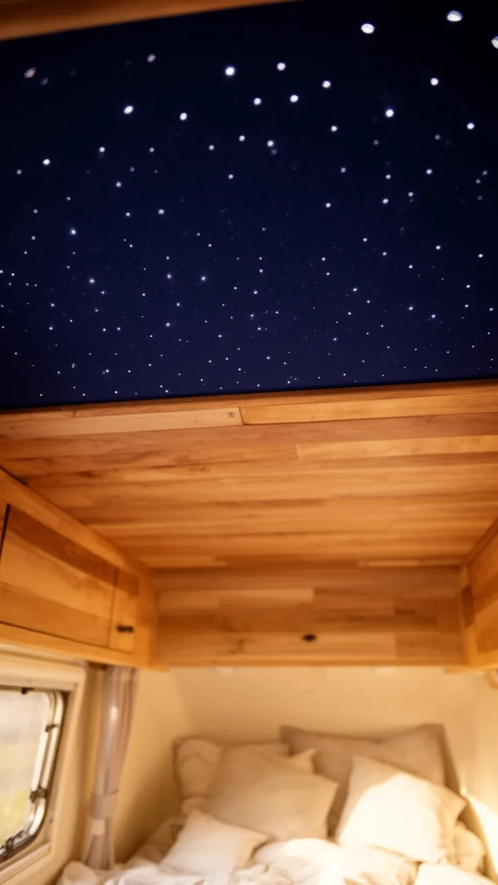 Deep navy camper ceiling with tiny glowing star lights for dreamy cozy nights