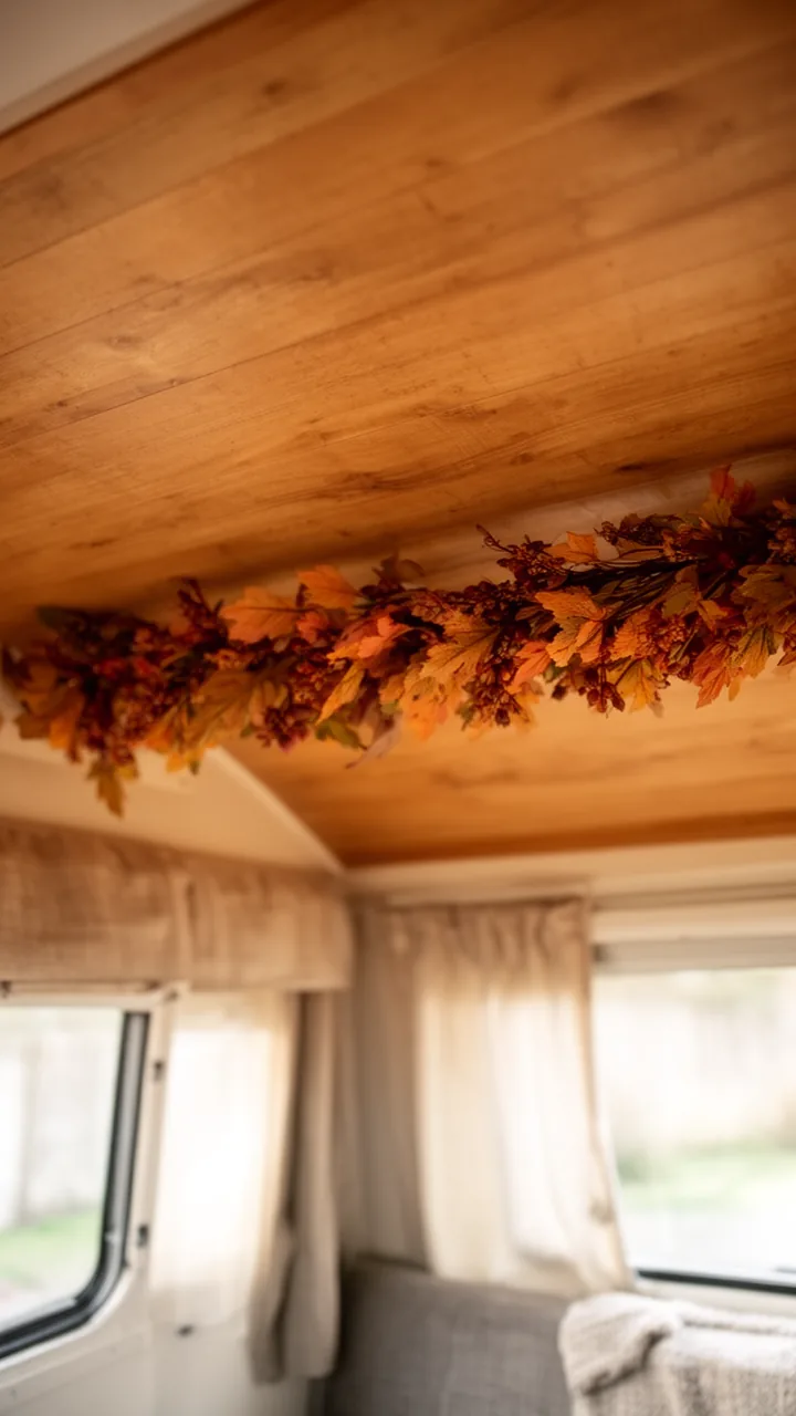 Camper ceiling edge dressed with a simple warm autumn garland for a seasonal refresh