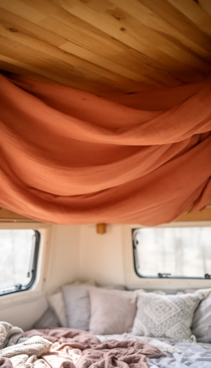 Terracotta fabric-draped boho camper ceiling