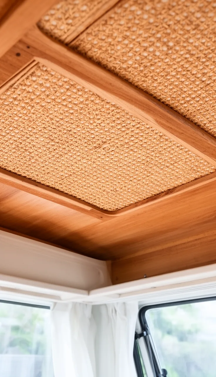 Woven rattan cane ceiling accent in a camper