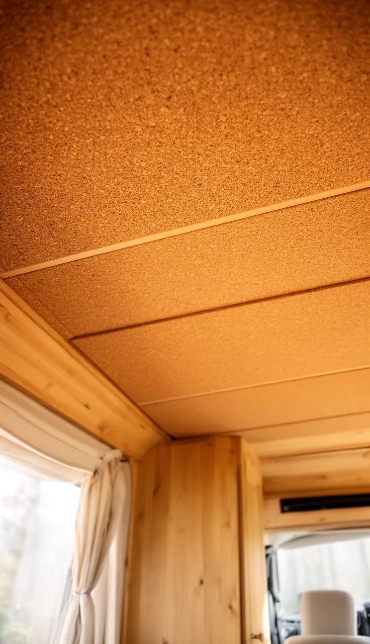 Warm cork ceiling tiles in a camper