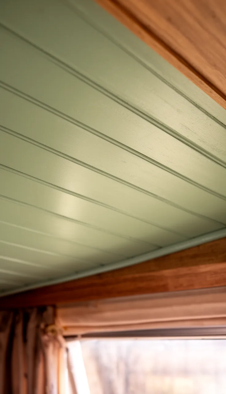 Sage painted wood slats on a camper ceiling