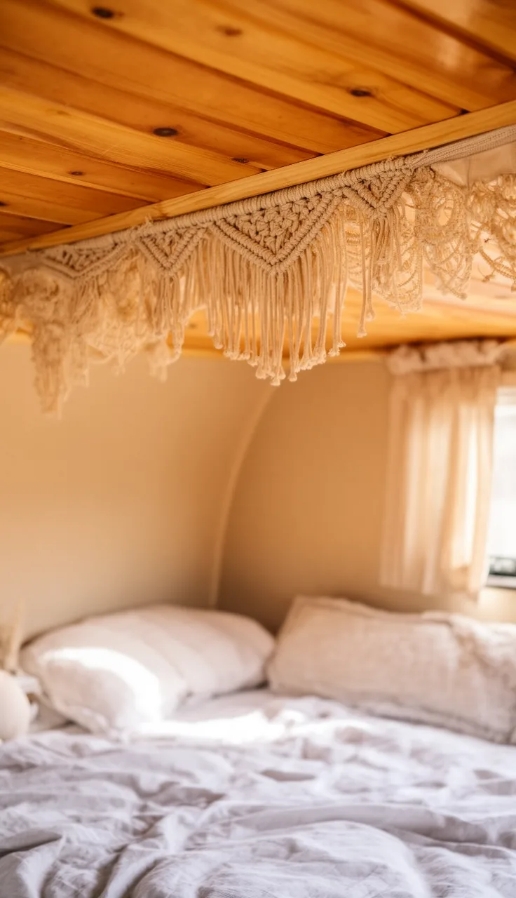 Macrame and fabric ceiling accent over a camper bed