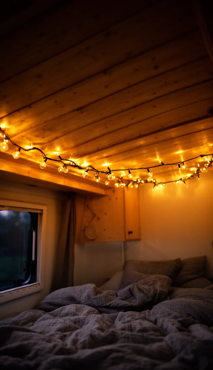 Warm string lights along a camper ceiling at night