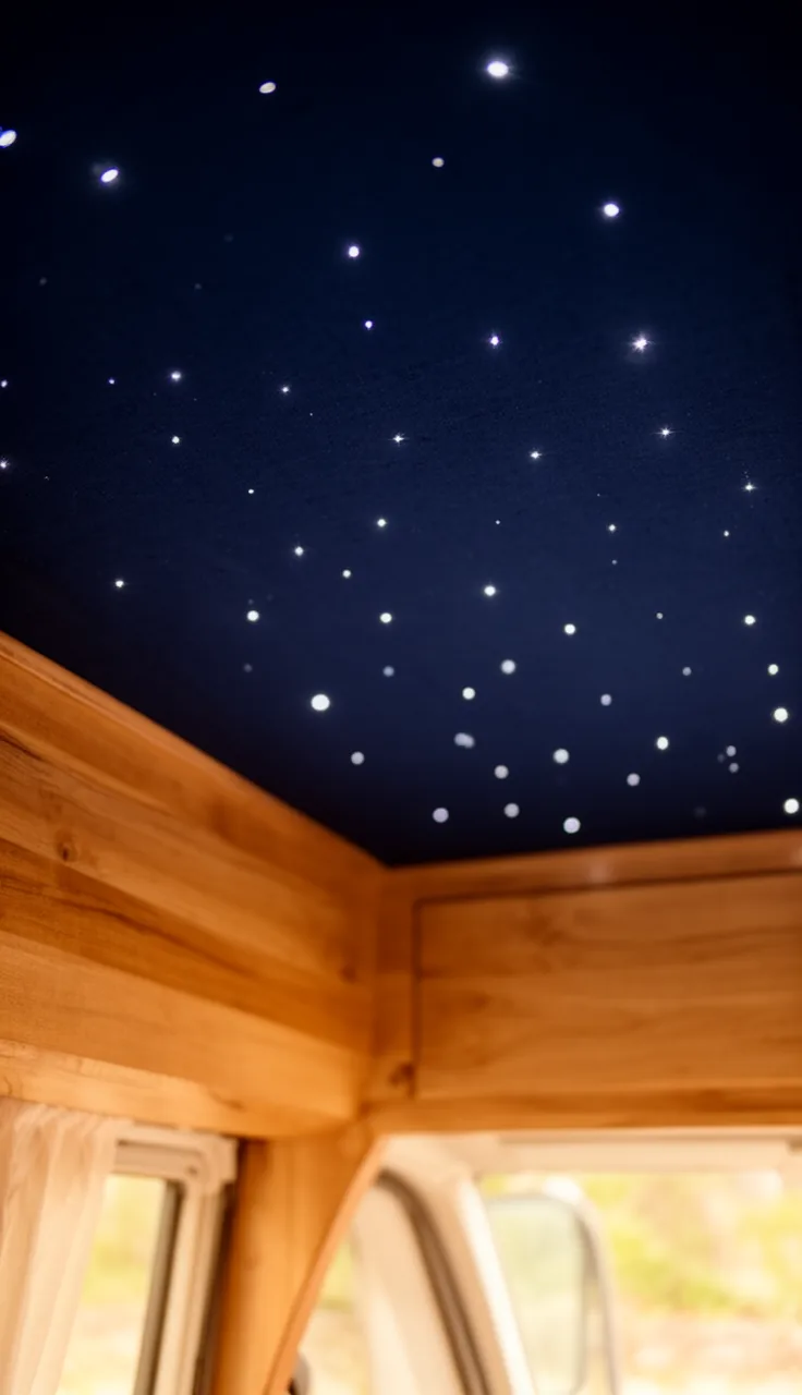 Navy star-map camper ceiling glowing softly