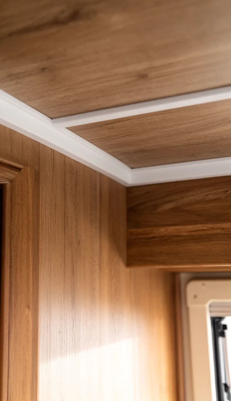 Slim white trim finishing a camper ceiling edge