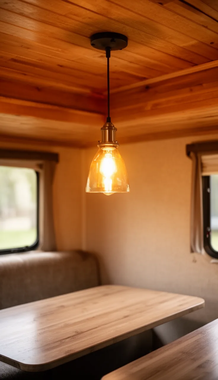 Warm pendant light over a camper dinette