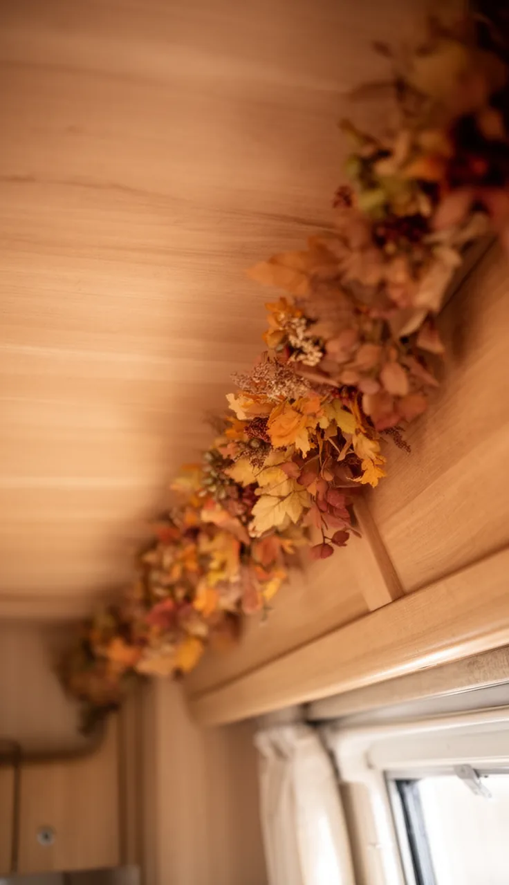Soft seasonal garland along a camper ceiling
