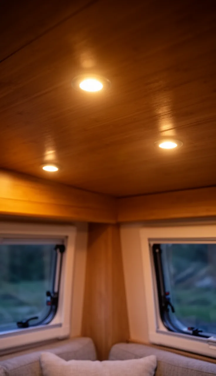 Recessed warm LED camper ceiling lights at dusk