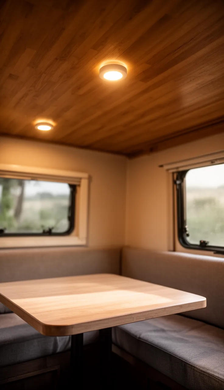 Puck lights over a cozy camper dinette