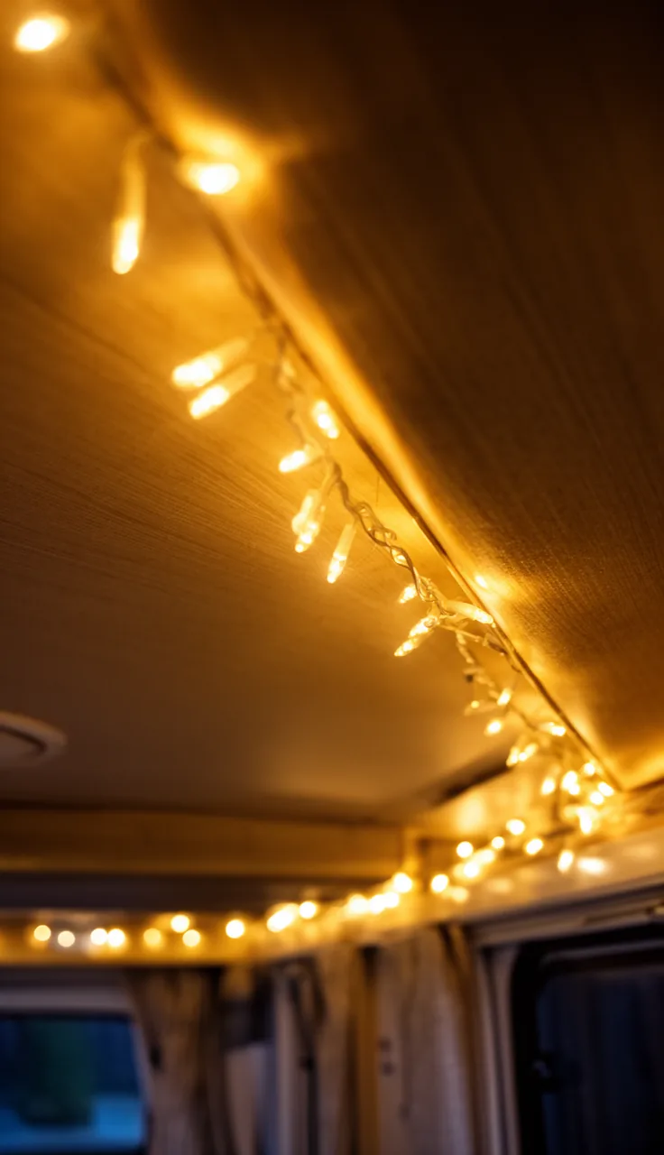 Warm string lights along a camper ceiling
