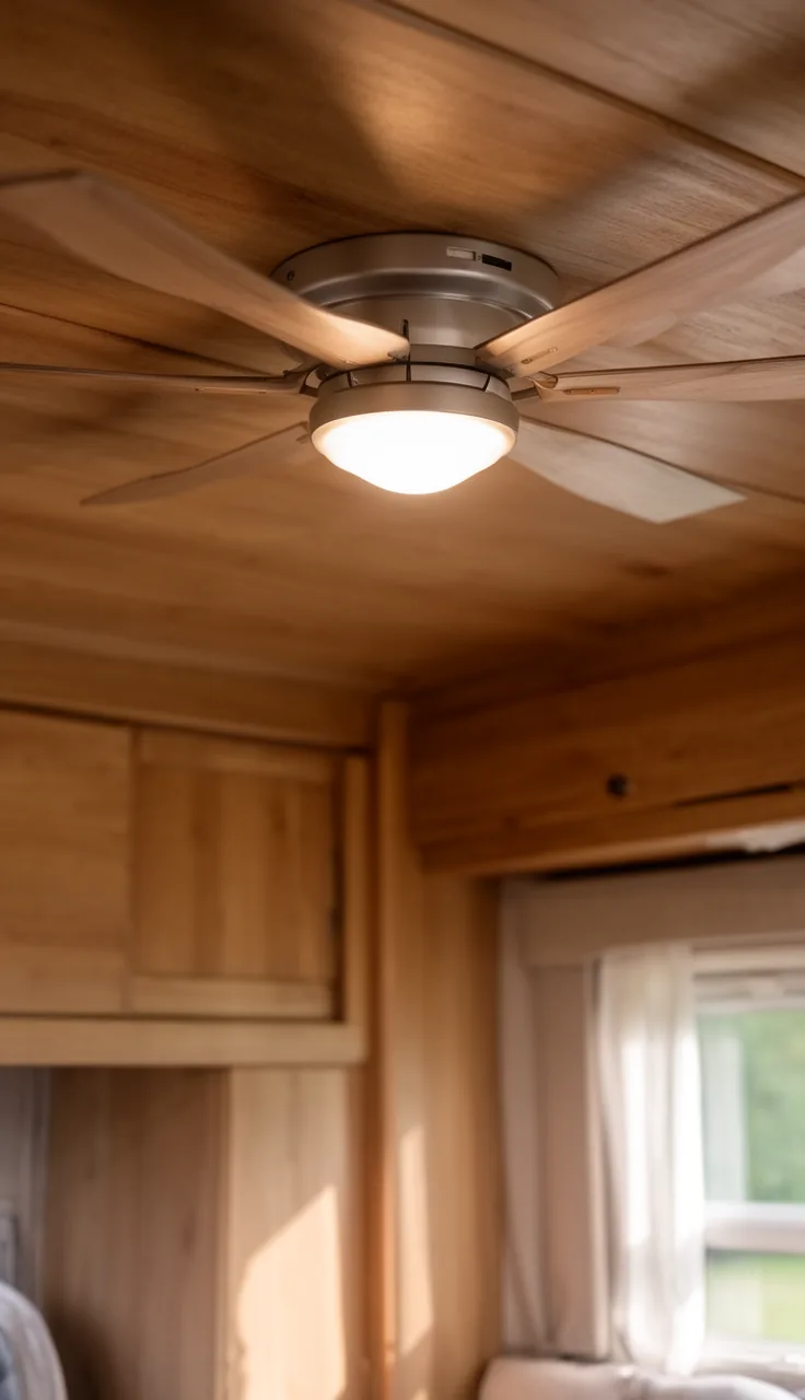Low-profile lit ceiling fan in a camper