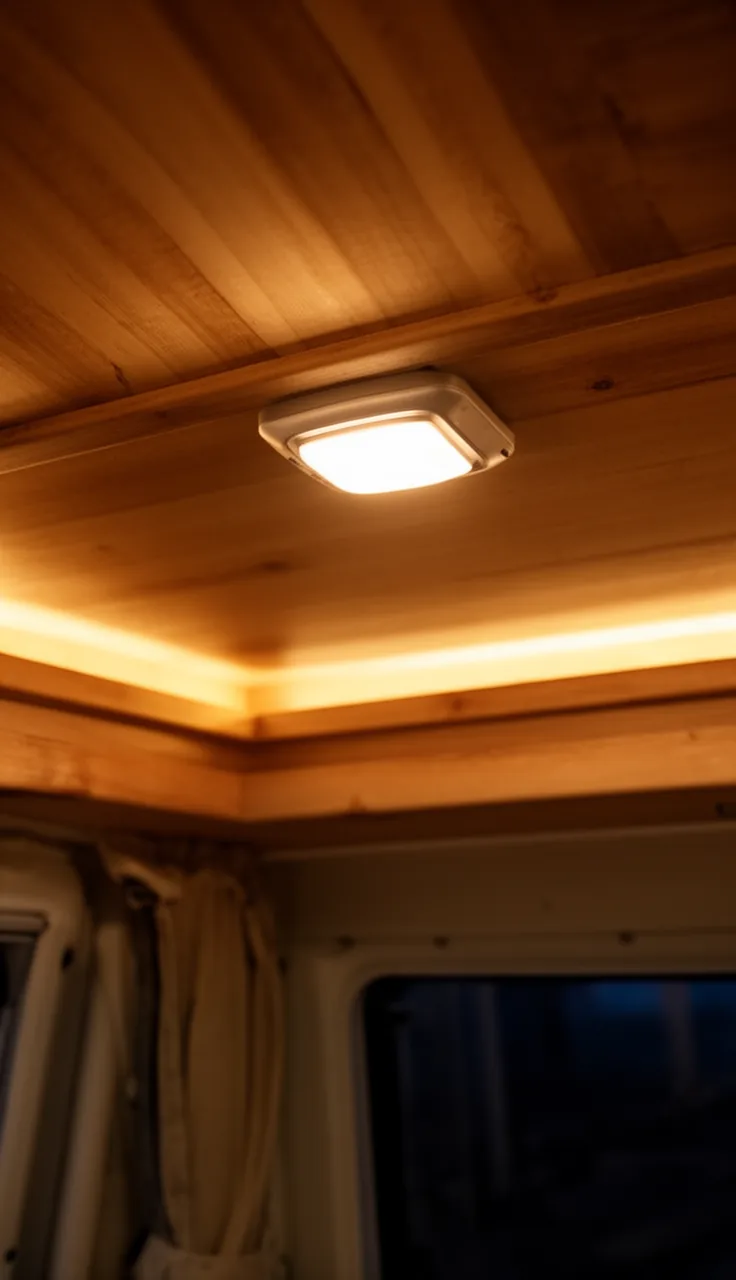 Layered warm camper ceiling lighting at night