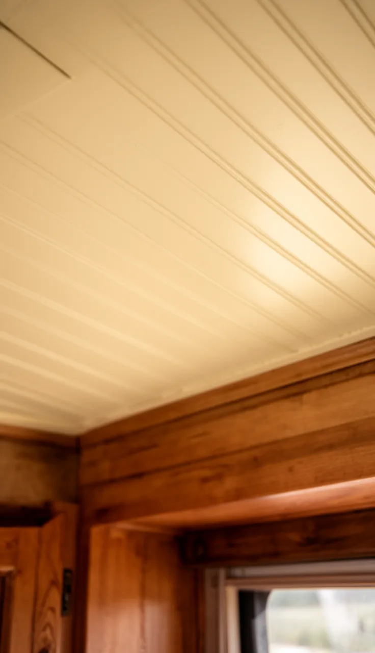 Cream beadboard ceiling panels in a cottage-style camper