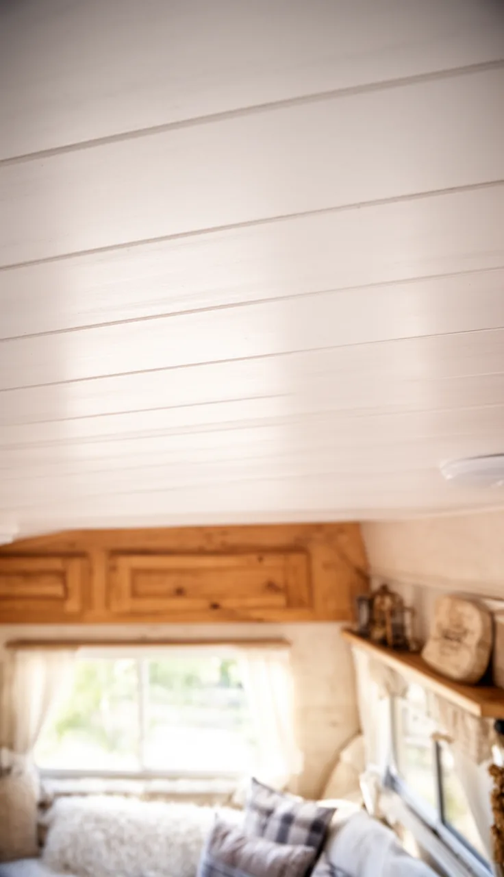 White shiplap ceiling boards in a bright farmhouse camper