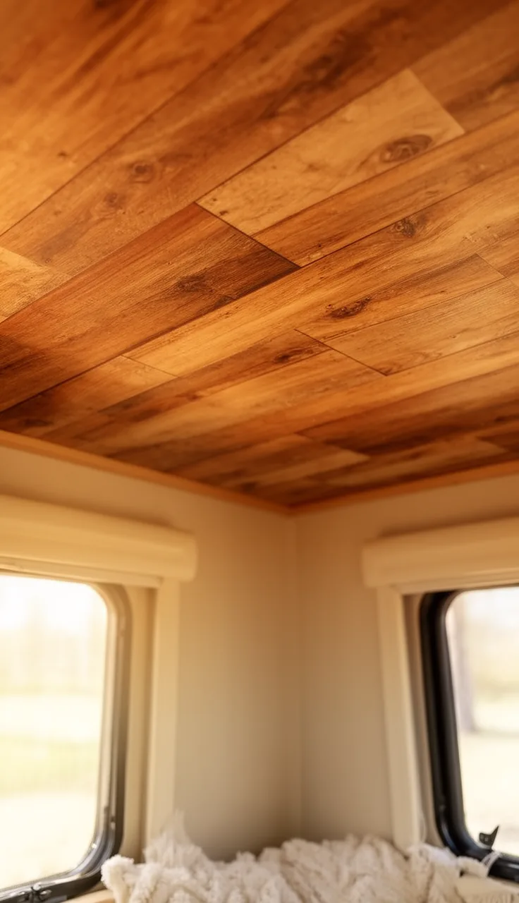 Honey peel-and-stick wood plank camper ceiling