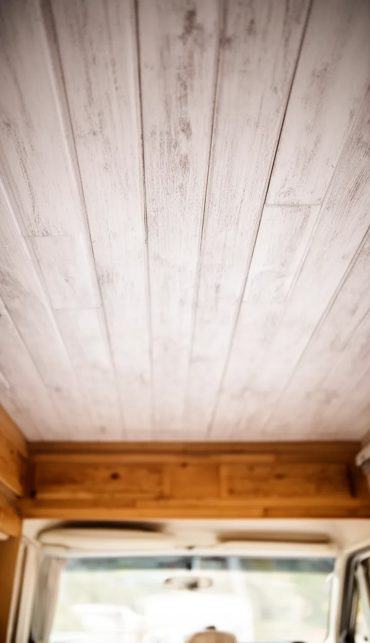 Whitewashed wood plank ceiling in an airy camper