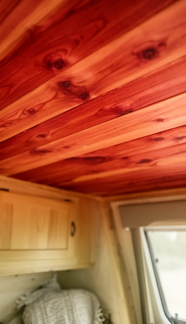 Warm cedar plank camper ceiling