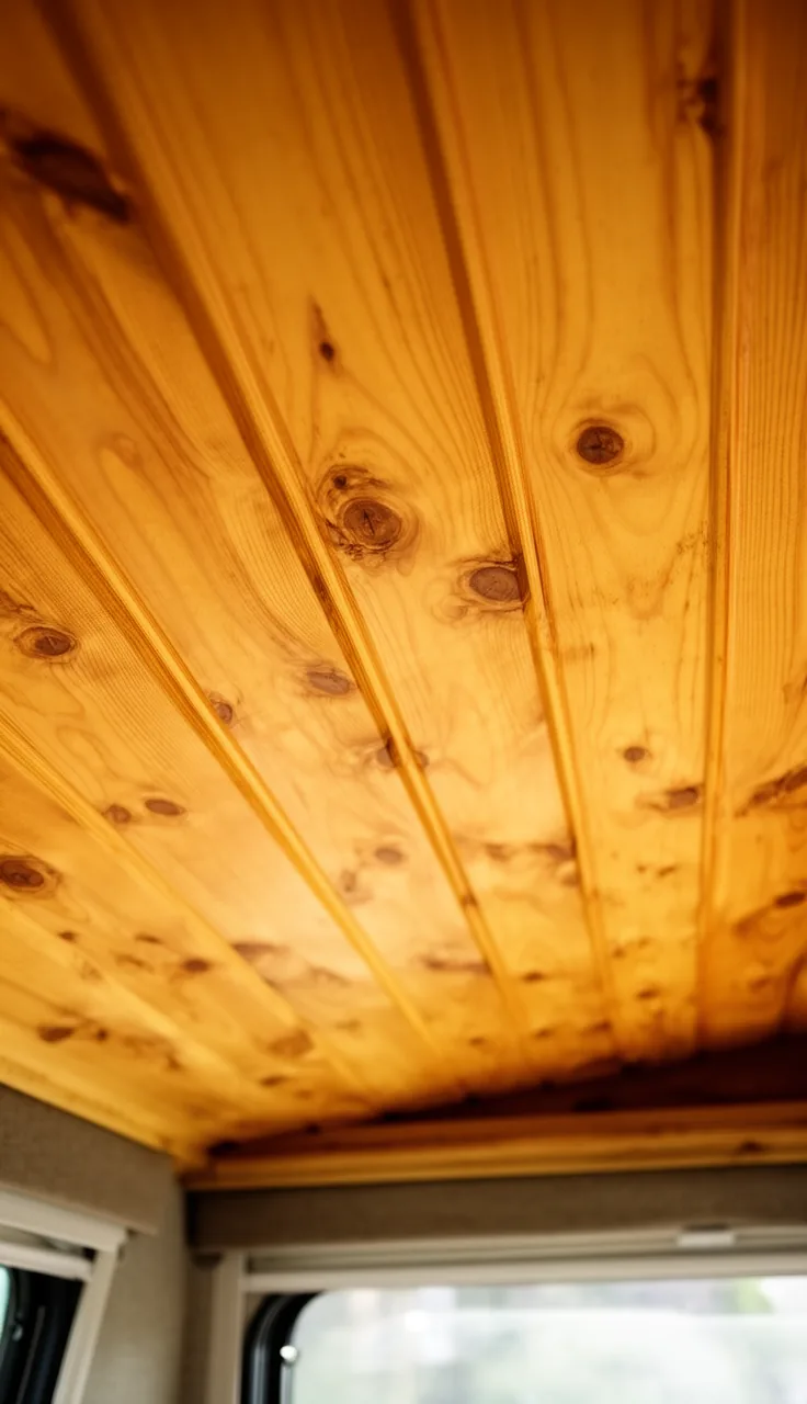 Knotty tongue-and-groove pine ceiling