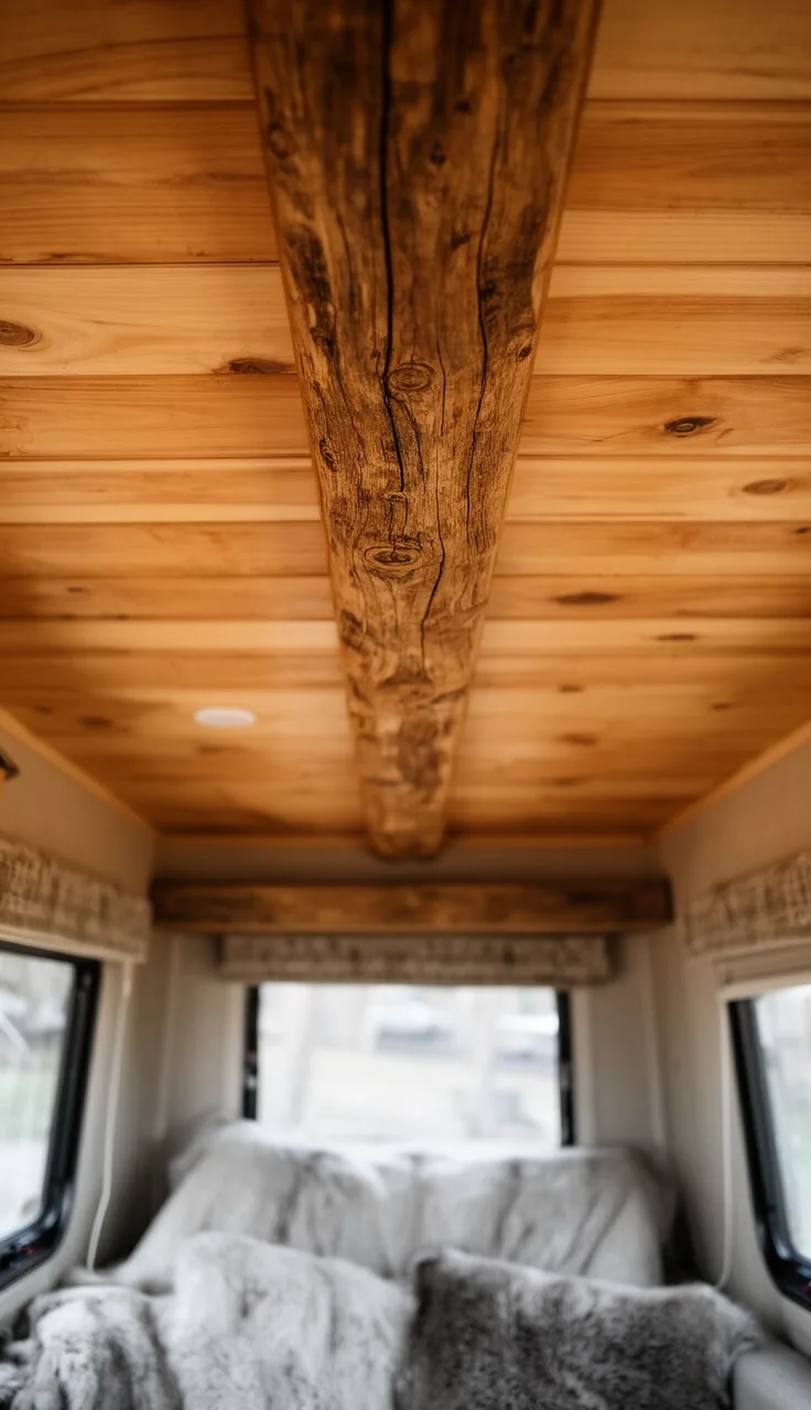 Faux wood beam down a camper ceiling