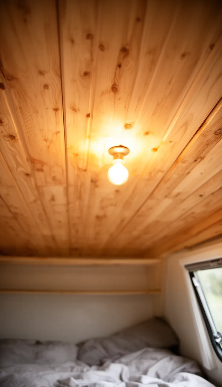 Natural wood plank ceiling under warm light