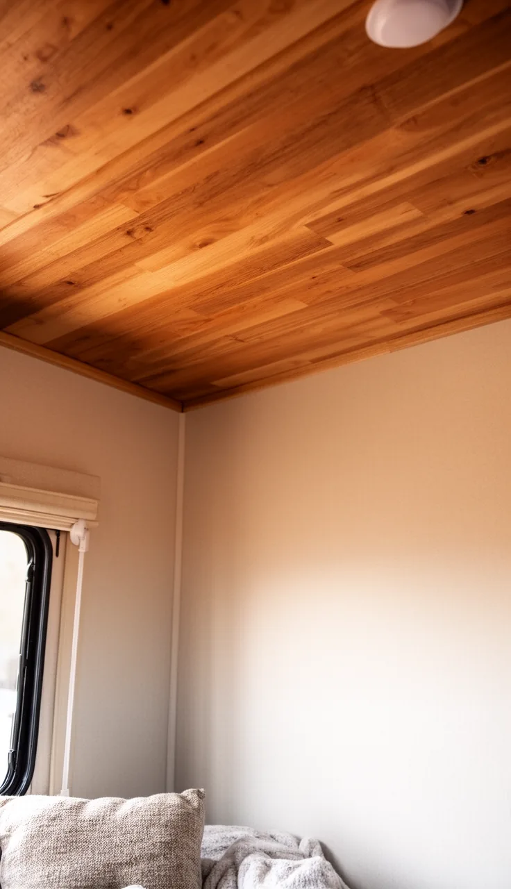 Warm wood ceiling with light walls