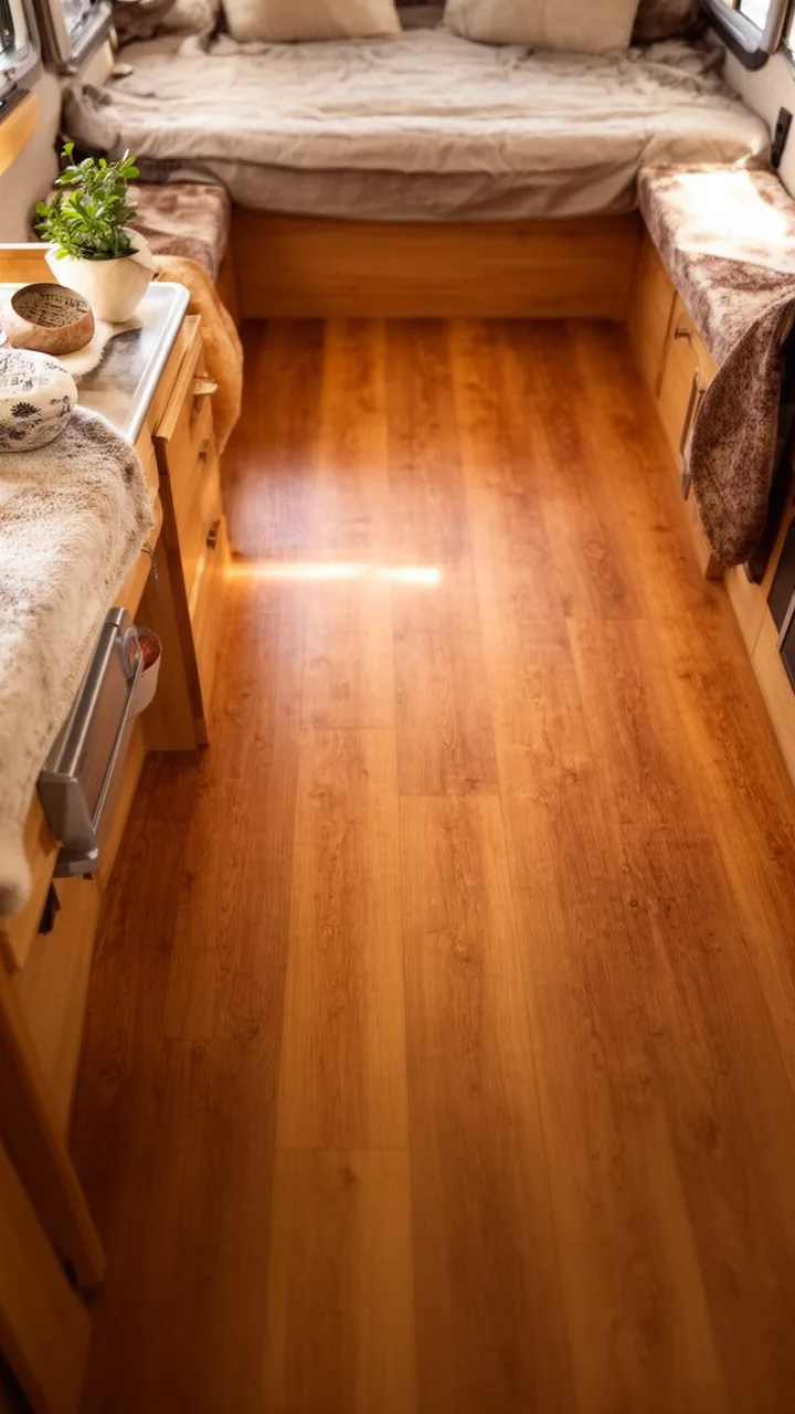 Warm honey luxury vinyl plank flooring running across a durable small camper floor