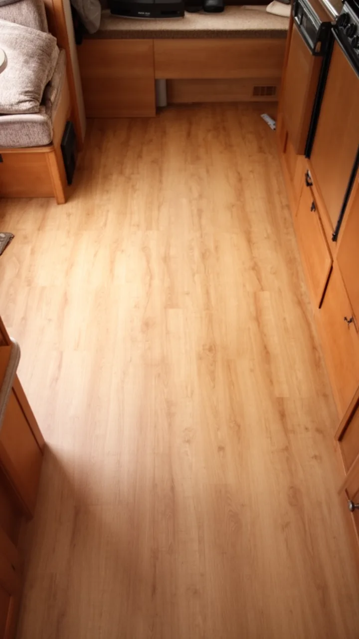 Light oak peel-and-stick vinyl plank flooring covering a renter-friendly camper floor