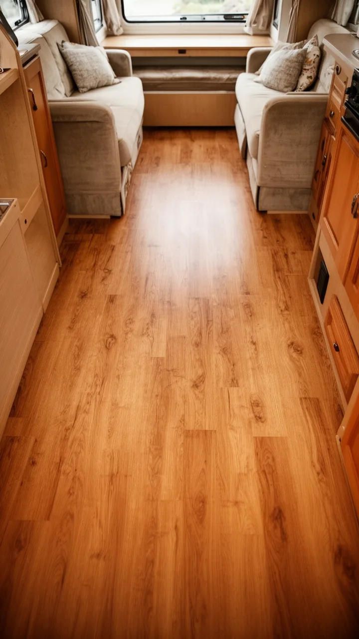 Warm oak waterproof laminate wood flooring in a cozy camper living area