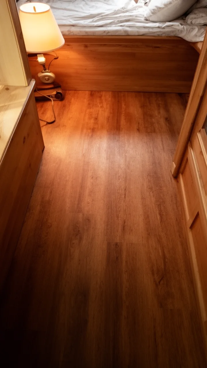 Rich warm wood-look vinyl flooring giving a camper a cozy cabin-on-wheels feel