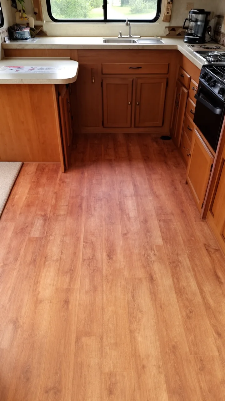 One-piece sheet vinyl flooring with a soft wood pattern for an easy-clean camper floor