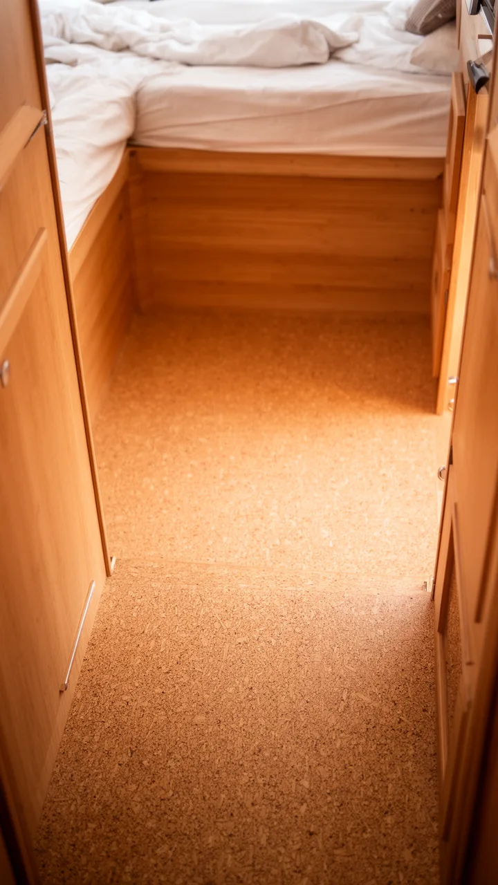 Warm tan cork flooring giving a camper a soft, quiet step underfoot