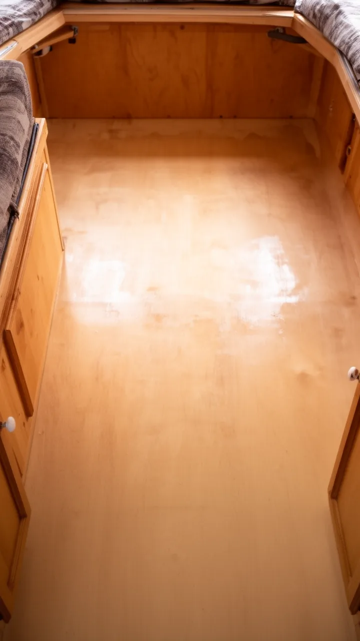 Warm sand painted plywood subfloor giving a camper a cozy budget-friendly floor