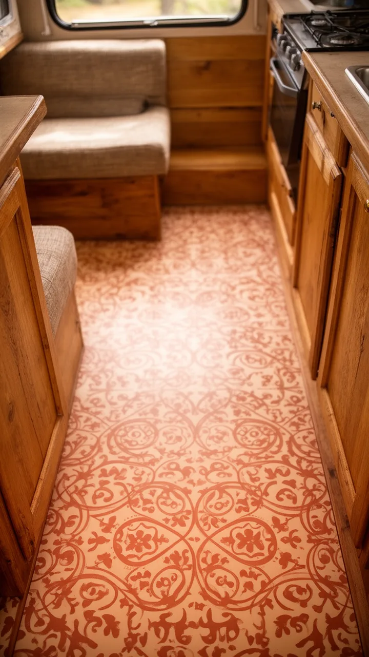 Warm terracotta and cream stenciled tile pattern on a cozy camper floor
