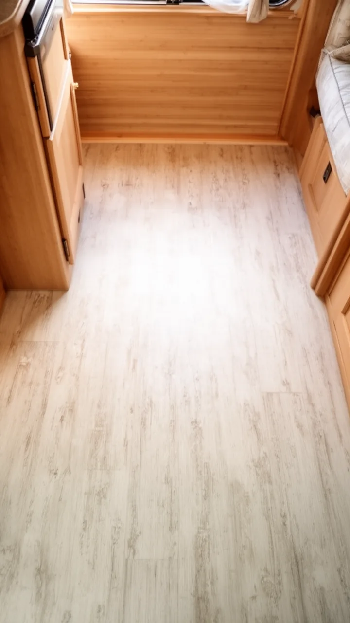 Light coastal whitewashed wood floor keeping a camper airy and breezy