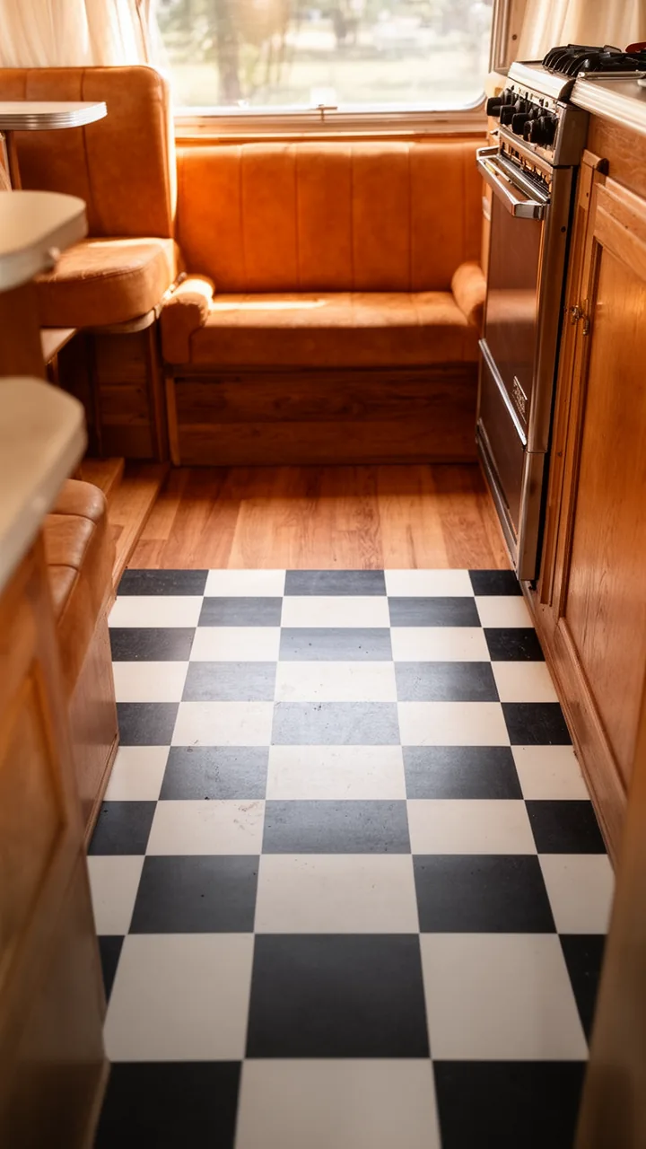 Black-and-white checkerboard vinyl floor giving a vintage camper retro diner charm