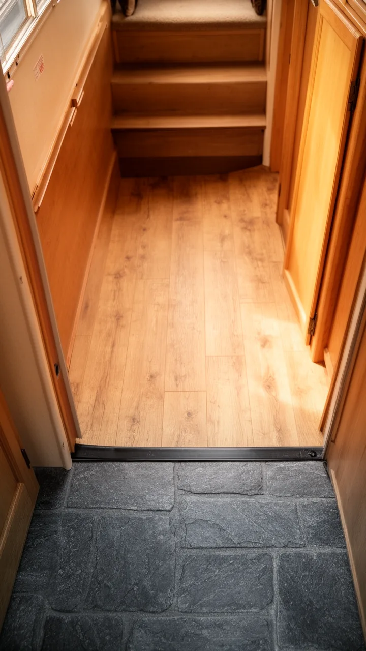 Warm charcoal slate-look vinyl tile at a camper entry mudroom zone
