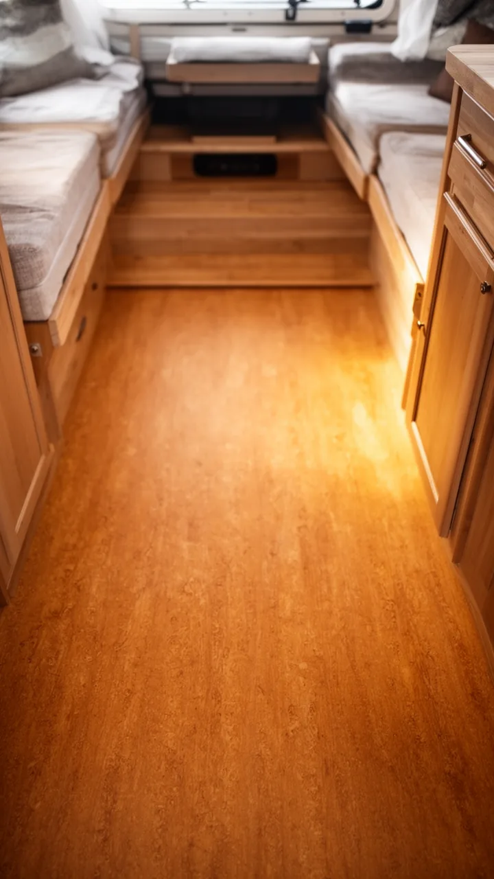 Warm amber natural linoleum floor giving a camper an eco-friendly feel