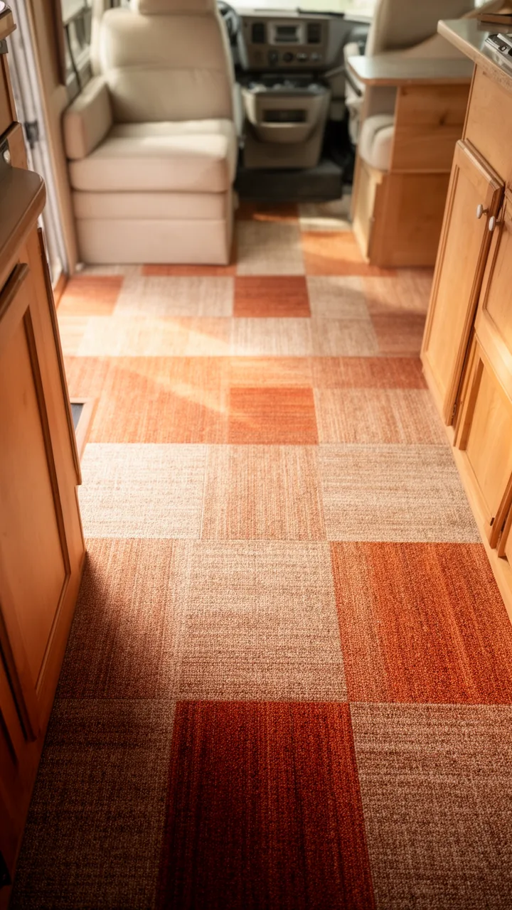 Warm oatmeal and rust indoor-outdoor carpet tiles softening a camper living area