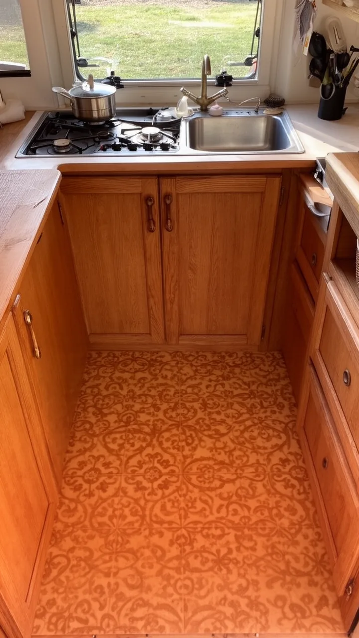 Warm patterned peel-and-stick floor tile defining a cozy camper kitchen zone