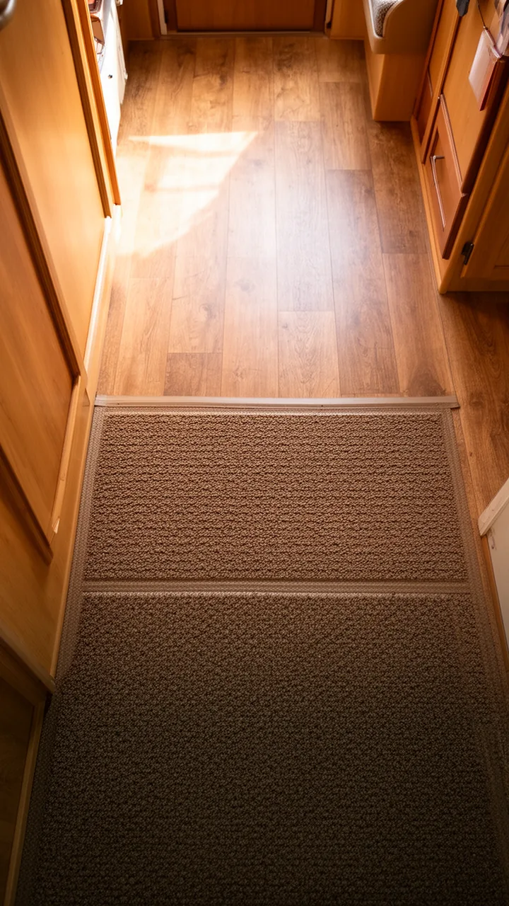 Warm textured rubber flooring built for a tough, durable camper entry