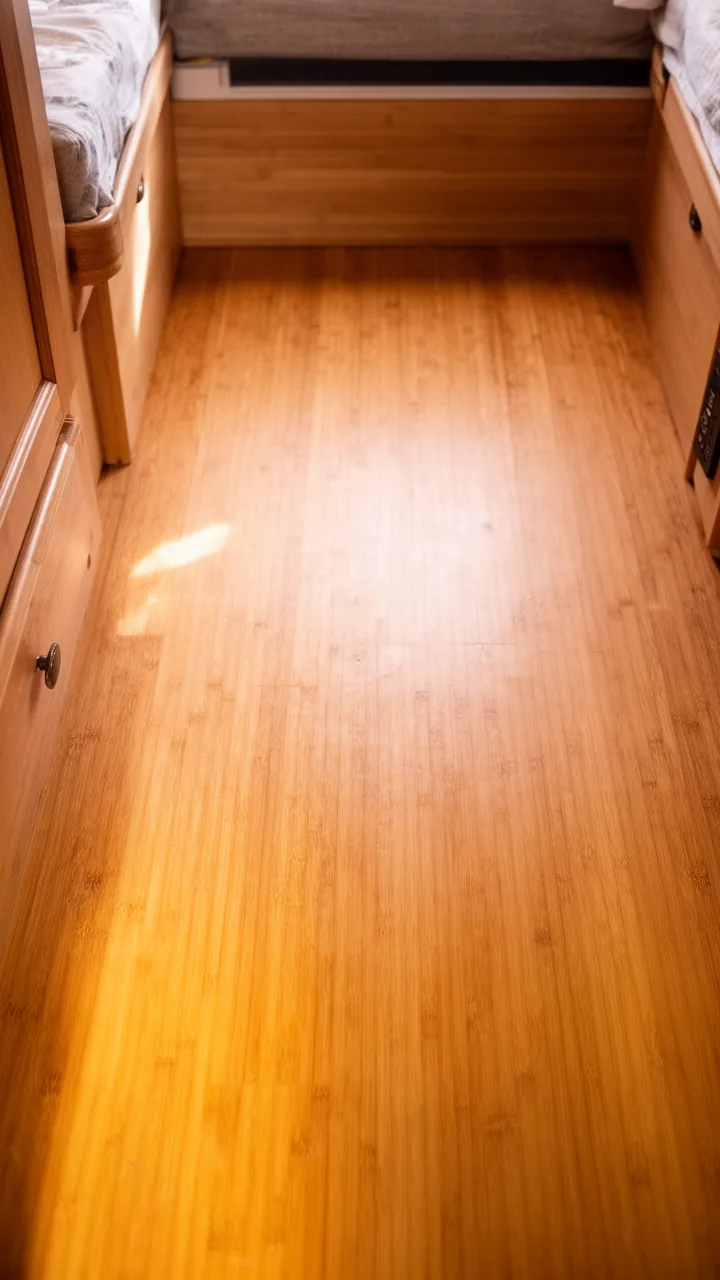 Warm golden bamboo flooring bringing light natural grain to a camper