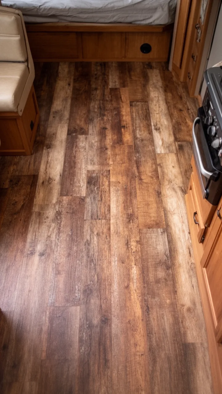 Warm weathered reclaimed wood-look planks giving a camper rustic barnwood soul