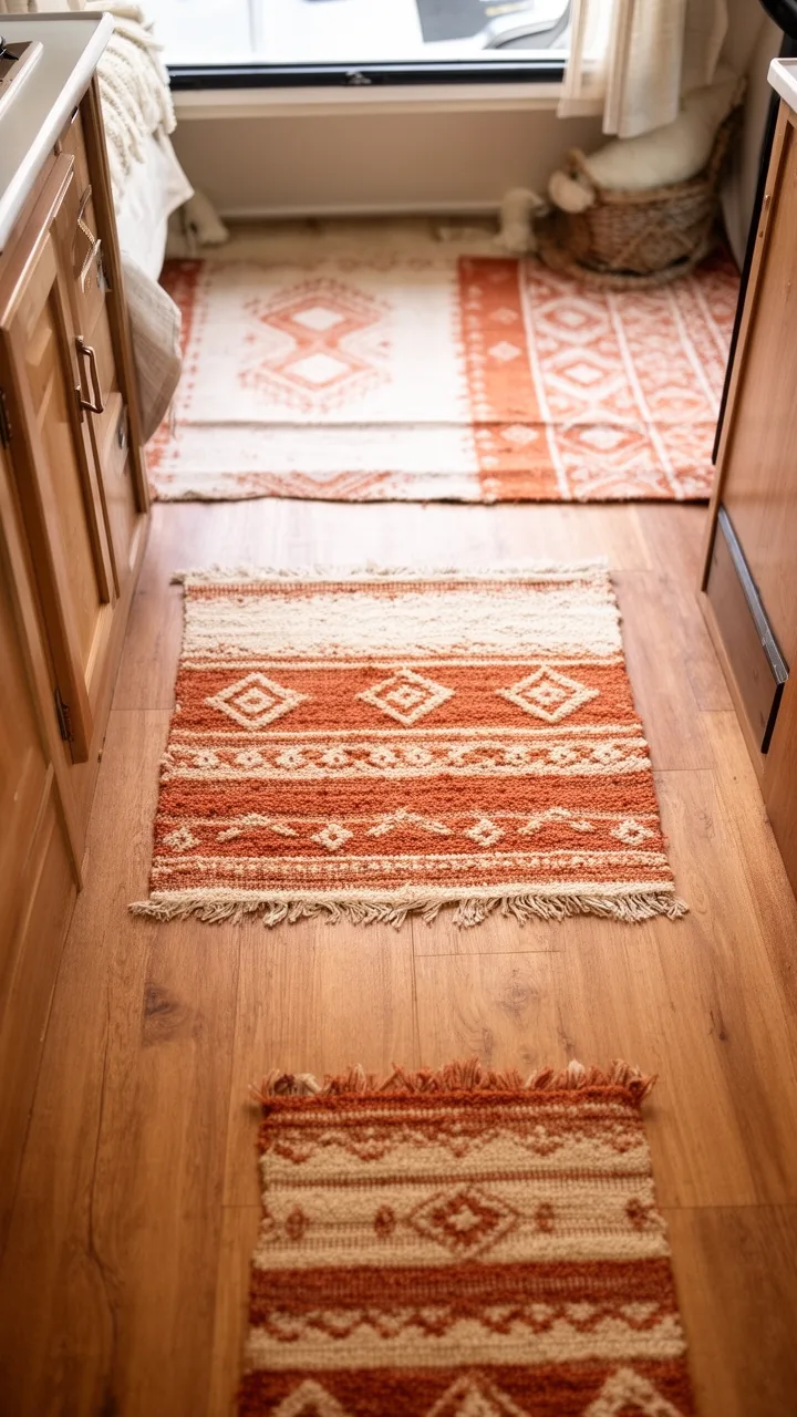 Warm terracotta and cream layered rugs softening an existing camper floor