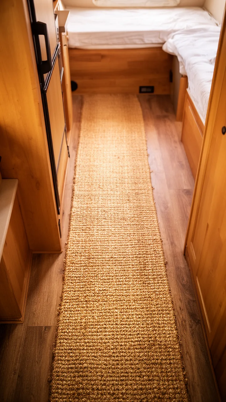 Warm woven jute runner adding natural texture to a narrow camper hallway